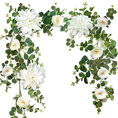 OrgMemory Blumengirlande Grün, Eukalyptus Girlande Deko, (1 Stück, 190cm Länge), Hochzeit Blumen, Bünstliche Blumengirlanden für Hochzeit Tür Dekoration Wand Hängende Pflanze (Weiß) von OrgMemory