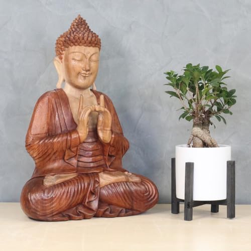 Oriental Galerie Figur Buddha Massiv China Skulptur Sitzend Budai Deko Dekoration Buddhismus Holzfigur Braun Natur B3 ca. 50 cm von Oriental Galerie