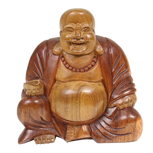 Oriental Galerie Figur Happy Buddha-Figur China Skulptur Sitzend Budai Figur 18 cm Holz Braun Natur klein von Oriental Galerie