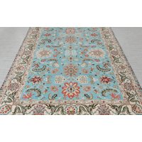 8x10 Türkis Blau Creme Perser Retro Kerman Handgeknüpft Hochwertiger 100% Wollteppich-812 von OrientalLooms