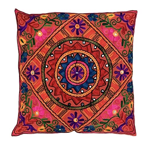 Handgefertigte, dekorative Kashmiri Suzani Mandala-Kissenbezüge aus Baumwolle, Pailletten-Spiegel, bestickt, Boho-Heimdekoration, indisches Yoga, Takiya, Outdoor, Indoor, 61 x 61 cm, vegan von Original Kikan