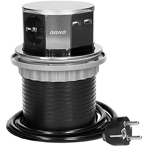 ORNO OR-AE-1381(GS) Versenkbare Einbau Steckdosenleiste 3-Fach + 2X USB 3680W, Ø10cm von Orno