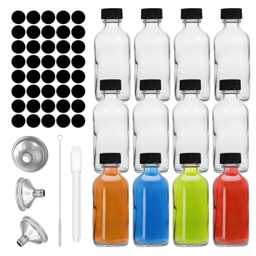 Ortviai 12 Stück Mini Glasflaschen Mit Deckel, Shot Flaschen Zum Befüllen Glas, 60ml Kleine Glasflaschen Zum Befüllen, Mit Trichter Klein, Etiketten Und Stift, Für Ätherische Öle, Ingwer Shot, Whisky von Ortviai