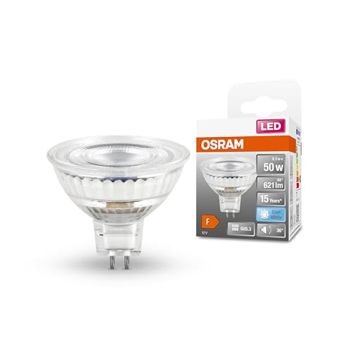 OSRAM MR16 LED Reflektorlampe mit GU5.3 Sockel, Kaltweiss (4000K), Glas Spot, 6,5W, Ersatz für 50W-Reflektorlampe, LED STAR MR16 12 V von Osram