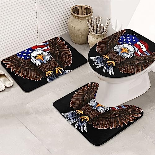 Badezimmerteppich-Set mit USA-Flagge, patriotischem Adler, 3-teilig, rutschfest, saugfähig, Badematten, U-förmiger Kontur-Toilettenbezug, Duschmatten-Set für Badezimmer von Oudrspo