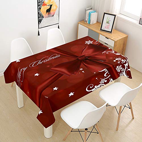 Ouduo 3D Weihnachten Tischdecke Wasserdicht Polyester Rechteckig, Pflegeleicht Fleckschutz Ölfest Abwaschbar Mehrzweck Bedruckte Tischdecke für Home Küche Dekoration (rote Schleife,140x160cm) von Ouduo