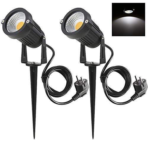 aulyun 2er Set 5W LED Strahler mit Erdspieß, 1.5m Kabel mit Stecker, Led Garten Beleuchtung, Gartenleuchte Gartenstrahler Rasenstrahler IP65 Wasserdicht für Outdoor Hof Rasen (Kaltweiß) von aulyun