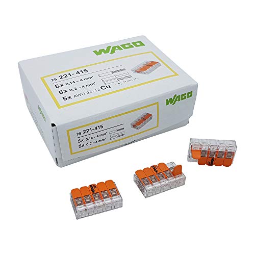 WAGO Steckklemme 5-Fach mit Hebel für starre (0,2-4 mm²) und flexible (0,14-4 mm²) Drähte zum wieder öffnen transparent/orange Inhalt 25 Stück von WAGO