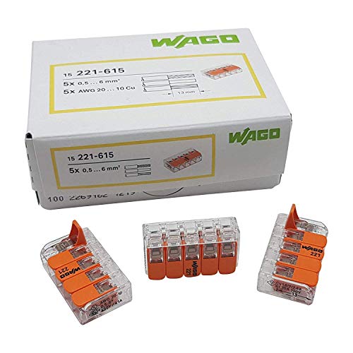WAGO Steckklemme 5-Fach mit Hebel für starre und flexible Drähte (0,5-6 mm²) zum wieder öffnen transparent/orange Inhalt 15 Stück von WAGO
