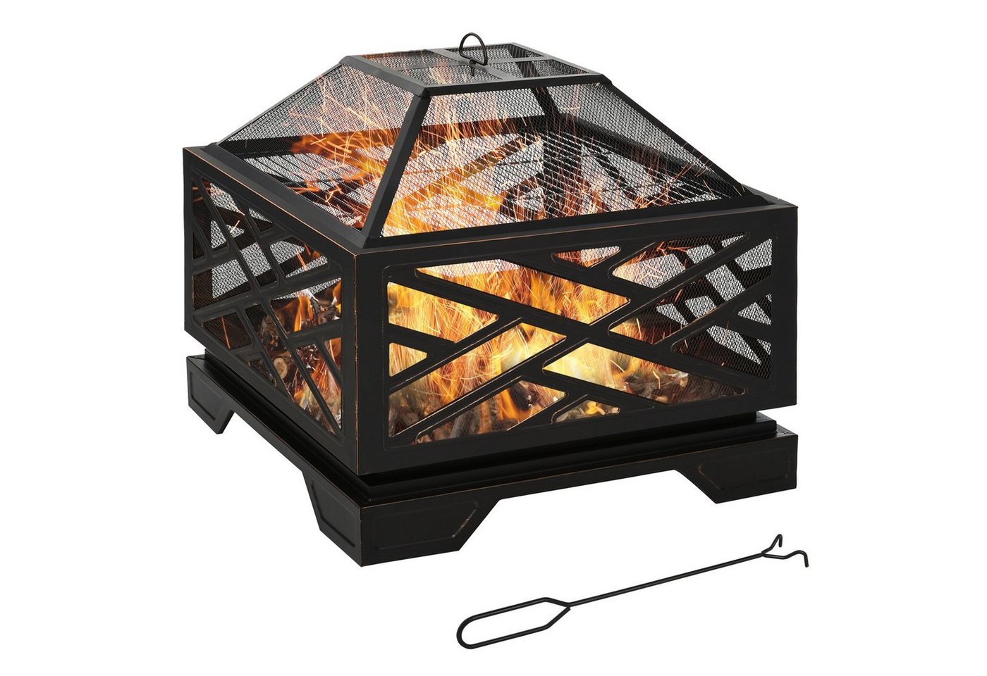 Outsunny Holzkohlegrill Feuerschale mit Funkenschutz, Grillrost, Schürhaken, Feuerstelle, Feuerkorb, 2-in-1 BBQ Grill von Outsunny