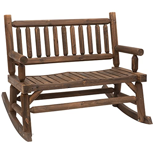 Outsunny Schaukelbank aus Holz, Gartenbank mit Armlehne, Schwingbank, 2 Sitzer Holzbank für Garten, Balkon, bis 250 kg belastbar, Verkohlt, 112 x 96 x 93 cm von Outsunny