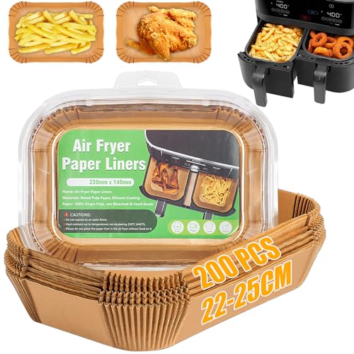 Owelth 200 Stück Backpapier für Heißluftfritteuse Dual Zone, 22-25cm Airfryer Backpapier Rechteckig, Antihaft Ölfest Einweg-papiereinsatz, Air Fryer Paper Zubehör Papiereinlagen für Ofen Mikrowelle von Owelth