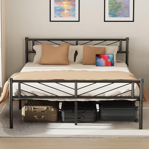 Oyajia Modern Metallbett 140x200 cm mit USB-Ladefunktion, Bettgestelle mit Lattenrost, Doppelbett/Einzelbett, Bettrahmen mit Kopfteil, Gästebett Jugendbett (Blättermuster, 140 cm x 200 cm) von Oyajia