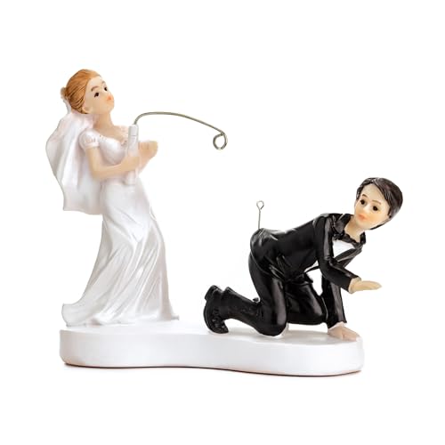 Tortenfigur Hochzeit 13cm - Brautpaar Figuren mit Angel - Hochzeitstorte Deko Tortendeko Tortenaufsatz Cake Topper - Hochzeitsdeko Torte - Hochzeitstortenfiguren Weiß Schwarz von PartyDeco