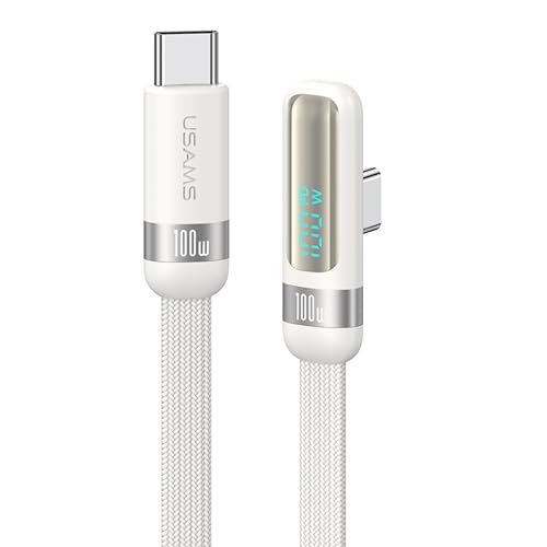 P4Y USB-C auf USB-C Lade- und Datenkabel PD100W 480 Mbps mit digitaler Anzeige und L-förmigem Stecker/90 Grad Wind Serie 1,2m weiß US-SJ653 von P4Y