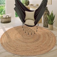 Teppich Rund Wohnzimmer Jute Boho Ethno Muster Modern Handgefertigt Naturteppich 160 cm Rund, Natur 3 - Paco Home von PACO HOME