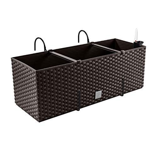 PAFEN Blumenkasten Blumentopf Rattan-Optik mit Halterungen 4 Farben Pflanztopf Wasserstandsanzeiger Balkonkasten Pflanzkästen von PAFEN