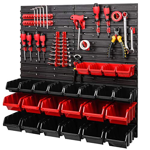 Lagersystem | 772 x 780 mm | Wandregal mit Stapelboxen - 42 tlg. - Rot Werkzeughalter + Rot/Schwarz Boxen von PAFEN