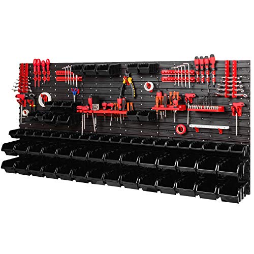 PAFEN Lagersystem Werkstattregal 1728 x 780 mm - Wandregal mit Werkzeughalterung und 64 Schwarz Stapelboxen - Wandplatten Schüttenrega von PAFEN