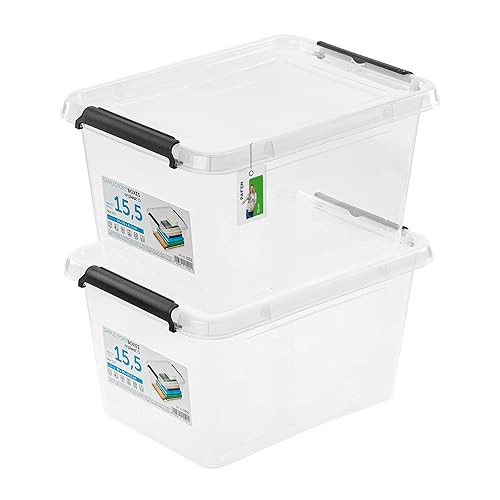 PAFEN 2x Aufbewahrungsbox mit Deckel 15,5L - 39 x 29 x 21,5 cm - SET Aufbewahrungsbehälter Transparent Boxen Aufbewahrung Stapelboxen mit Verschlussclips Kunststoffbehälter von PAFEN