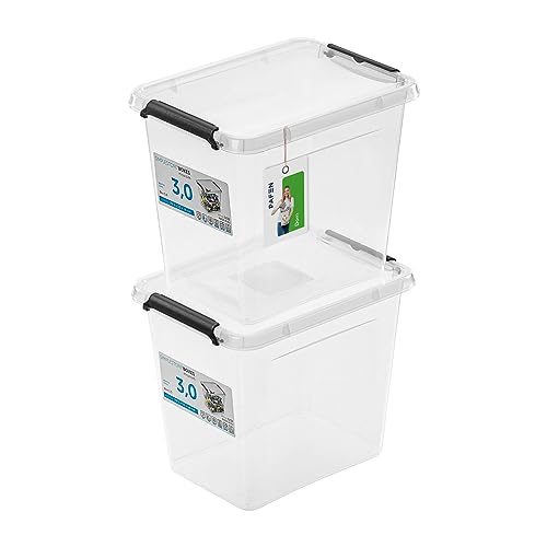 PAFEN 2x Aufbewahrungsbox mit Deckel 3,0L - 19,5 x 15 x 16 cm - SET Aufbewahrungsbehälter Transparent Boxen Aufbewahrung Stapelboxen mit Verschlussclips Kunststoffbehälter von PAFEN