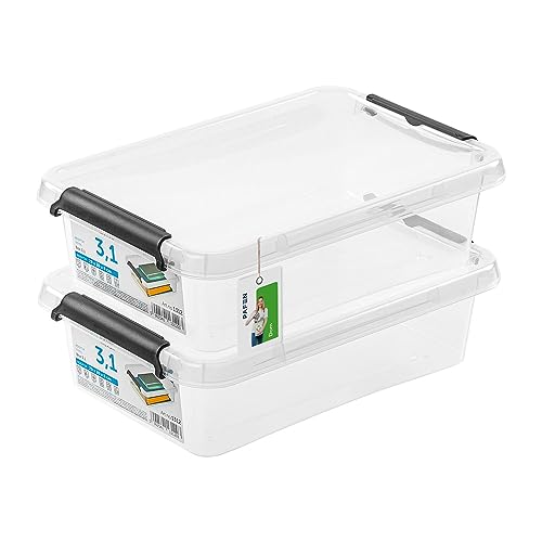 PAFEN 2x Aufbewahrungsbox mit Deckel 3,1L - 30 x 20,5 x 8 cm - SET Aufbewahrungsbehälter Transparent Boxen Aufbewahrung Stapelboxen mit Verschlussclips Kunststoffbehälter von PAFEN