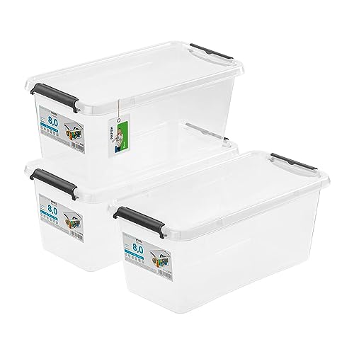 PAFEN 3x Aufbewahrungsbox mit Deckel 8,0L - 39,5 x 20 x 16,5 cm - SET Aufbewahrungsbehälter Transparent Boxen Aufbewahrung Stapelboxen mit Verschlussclips Kunststoffbehälter von PAFEN