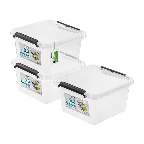 PAFEN 3x Aufbewahrungsbox mit Deckel 9,0L - 29 x 29 x 16,5 cm - SET Aufbewahrungsbehälter Transparent Boxen Aufbewahrung Stapelboxen mit Verschlussclips Kunststoffbehälter von PAFEN
