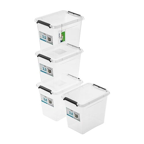 PAFEN 4x Aufbewahrungsbox mit Deckel 3,0L - 19,5 x 15 x 16 cm - SET Aufbewahrungsbehälter Transparent Boxen Aufbewahrung Stapelboxen mit Verschlussclips Kunststoffbehälter von PAFEN