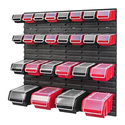 PAFEN Stapelbox Wandregal - 772 x 780 mm - Lagersystem 26 Stück Boxen mit Deckel - Lagerregal Sichtlagerkästen Schüttenregal, Schwarz/Rot von PAFEN