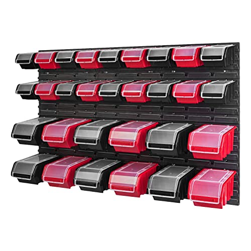 PAFEN Stapelbox Wandregal - 1158 x 780 mm - Lagersystem 30 Stück Boxen mit Deckel - Lagerregal Sichtlagerkästen Schüttenregal, Rot/Schwarz von PAFEN