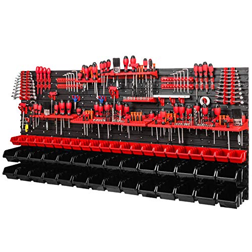 PAFEN Werkstattregal Wandregal | 1728 x 780 mm | Lagersystem mit Werkzeughalterungen und Stapelboxen - Wandplatten Extra Starke Werkstattregal Schüttenregal (Rot/Schwarz) von PAFEN