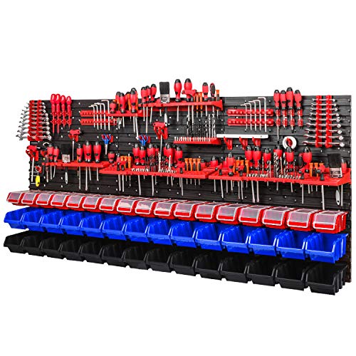 Werkzeugwand Lagersystem - 1728 x 780 mm - Lochwand SET mit Werkzeughaltern und Stapelboxen mit Deckel - Wandregal Werkstattregal Schüttenregal Sichtlagerkästen (Rot/Blau/Schwarz) von PAFEN