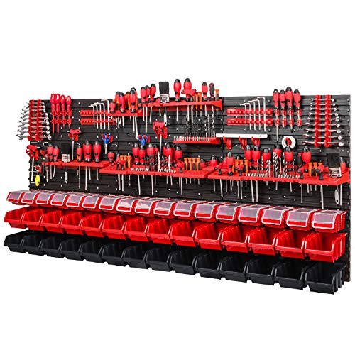 Werkzeugwand Lagersystem - 1728 x 780 mm - Lochwand SET mit Werkzeughaltern und Stapelboxen mit Deckel - Wandregal Werkstattregal Schüttenregal Sichtlagerkästen (Rot/Schwarz) von PAFEN