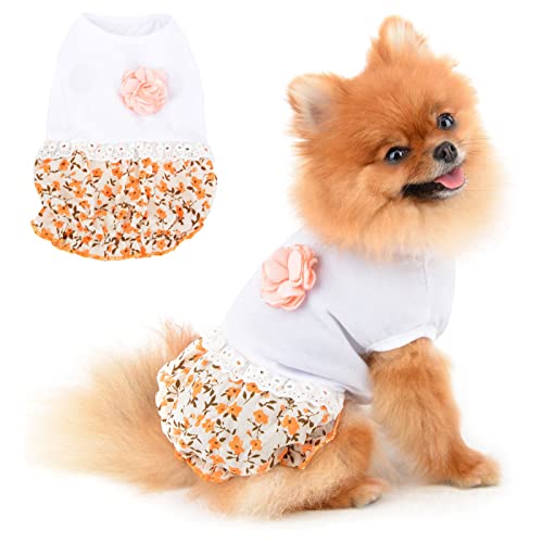 PAIDEFUL Hundekleid für Kleine Mittelgroße Hunde Katzen Mädchen Weiche Baumwollweste Hemden Blumen lockerer Ballonrock Welpe Chihuahua Yorkie Kleidung Weibliche Haustier T-Shirts Sommer Orange XS von PAIDEFUL