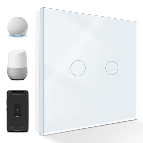 PANGTZEEN Smart Alexa Lichtschalter 2 Fach 1 Weg 2.4GHz Alexa Google Home Unterstützung Tuya APP Sprachsteuerung Gehärtetem Glas Touch Rahmen Wand Schalter Unterputz Weiß (Neutralleiter Erforderlich) von PANGTZEEN