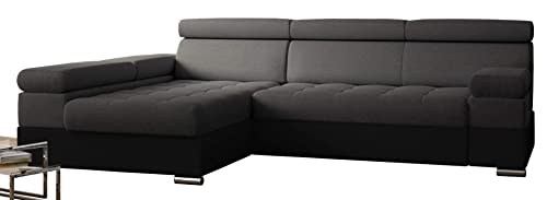 PAOLO Ecksofa Schlaffunktion, Eckcouch mit Bettkasten, Freistehendes Schlafsofa, L-Form Ecksofa, Schlafsofa mit bettfunktion, L-Form Sofa (Dunkelgrau + Schwarzer Kunstleder (EKO) von PAOLO