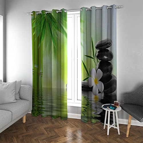 PARREN Bambusstein und Bachmuster Verdunkelungsvorhänge Yoga Ösen Wärmeisolierte Fenster Vorhänge Paneele für Schlafzimmer Sets von 2 grün 168x183cm von PARREN