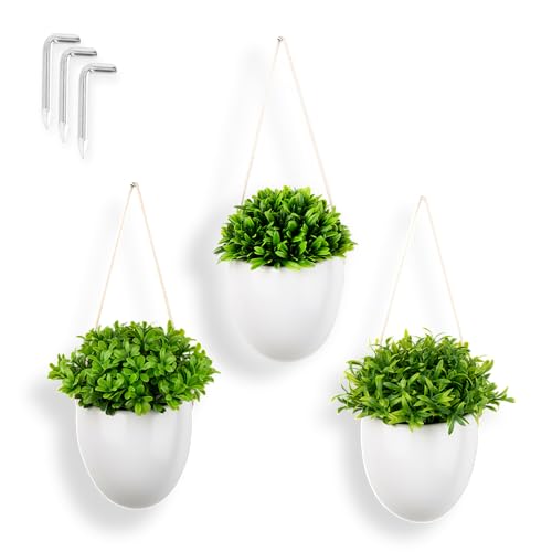 PASCH® 3er Set Kunstpflanzen in Wandvasen aus weißer Keramik | Kleine Hängepflanze künstlich (18cm) inkl. Nägeln zum Aufhängen | Wandvase mit Kunstpflanze hängend | künstliche Hängepflanzen von PASCH