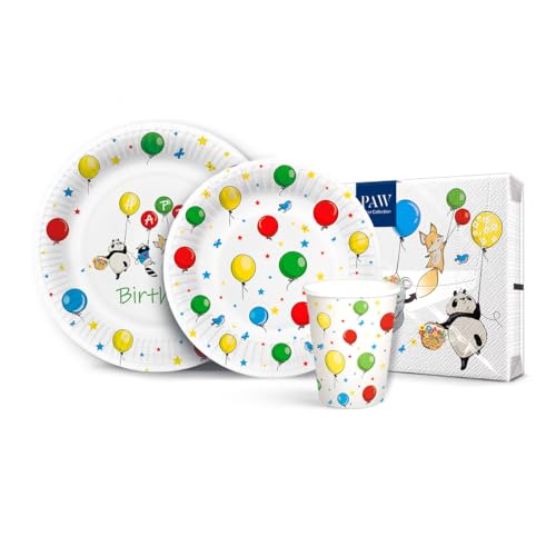 PAW - Partygeschirr Set I 16 Personen, 68 Elemente I Party Geschirrset - 20 x Papierservietten, 32 x Pappteller, 16 x Pappbecher I Einweggeschirr Set - Ballons, Tiere, Geburtstag, Bunt (Balloons) von PAW