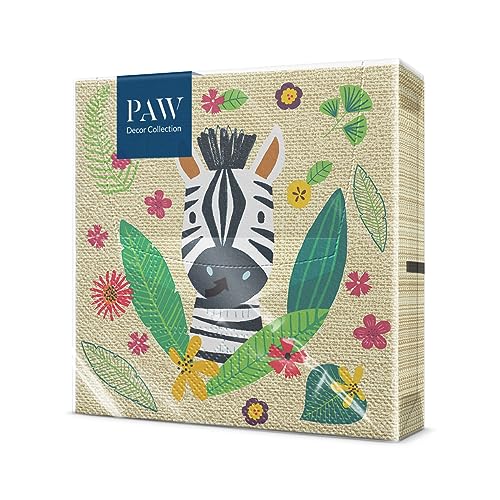 PAW - Servietten 3-lagig (33 x 33 cm) I 20 Stück I Perfekt für Kindergeburtstage, Partys, Kommunion und Feiern I Papierservietten Bunt mit Party Motiv I Tiere, Dschungel, Blätter, Grün - Jungle von PAW