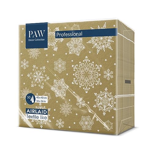 PAW - Airlaid Servietten (40 x 40 cm) I 50 Stück I Perfekt für Weihnachten, Winter, Feiertage I Heiligabend Tischdekoration I Airlaid-Servietten Stoffähnlich - Schneeflocken Gold I Snowflakes gold von PAW