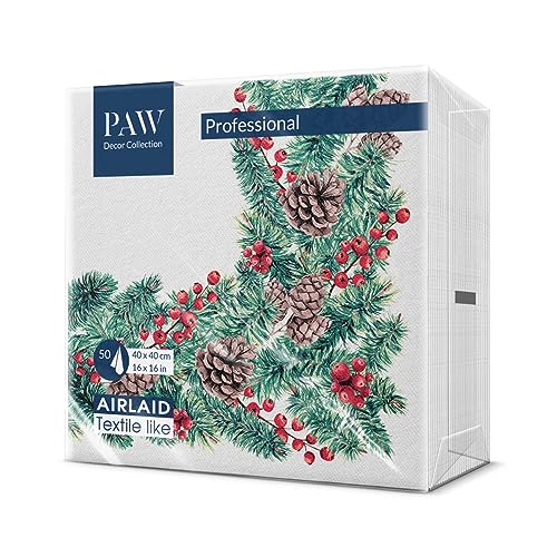 PAW - Airlaid Servietten (40 x 40 cm) I 50 Stück I Perfekt für Weihnachten, Winter, Feiertage I Heiligabend Winterzeit Tischdekoration I Airlaid-Servietten Stoffähnlich- Winterzweige I Winter Branches von PAW