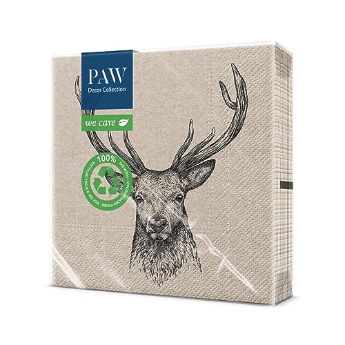 PAW Decor Collection x PAW Decor Collection cm 3-lagige Papierservietten. 20 Stück. Gedruckt mit wasserbasierten Farben. Tischdekoration. Natur, Hirsc, Paw_022022, Deer, 33 x 33 cm von PAW