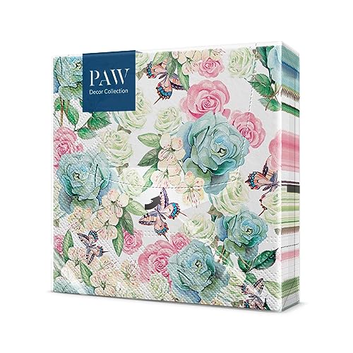 PAW - Servietten 3-lagig (33 x 33 cm) I 20 Stück I Perfekt für Geburtstage, Partys, Hochzeiten, Kommunion und Feiern I Papierservietten Bunt - Garten, Blumen I Farbe: Powder Garden von PAW