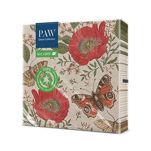 PAW - Servietten 3-lagig (33 x 33 cm) I 20 Stück I Perfekt für Geburtstage, Partys, Kommunion und Feiern I Papierservietten mit Natur Motiv I Umweltschutz, Blumen, Schmetterlinge I Passing Butterflies von PAW