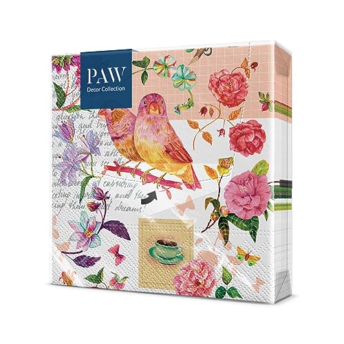 PAW - Servietten 3-lagig (33 x 33 cm) I 20 Stück I Perfekt für Geburtstage, Partys, Hochzeiten, Kommunion und Feiern I Papierservietten Bunt - Vögel, Blumen, Papageien I Farbe: Floral Poetry von PAW