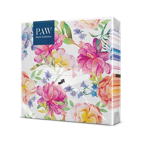 PAW - Servietten 3-lagig (33 x 33 cm) I 20 Stück I Perfekt für Geburtstage, Partys, Hochzeiten, Kommunion und Feiern I Papierservietten Bunt - Pfingstrosen, Blumen I Farbe: Orchid with Peony von PAW