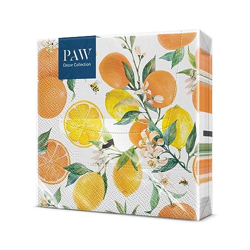 PAW - Servietten 3-lagig (33 x 33 cm) I 20 Stück I Perfekt für Geburtstage, Partys, Hochzeiten, Kommunion und Feiern I Papierservietten Bunt - Obst, Zitrusfrüchte I Citrus with bees von PAW