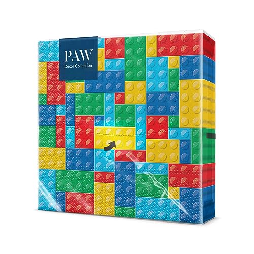 PAW - Servietten 3-lagig (33 x 33 cm) I 20 Stück I Perfekt für Kindergeburtstage, Partys, Kommunion und Feiern I Papierservietten Bunt mit Party Motiv I Blöcke, Party, Spielzeuge - Colorful Bricks von PAW